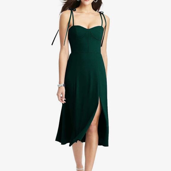 Dessy Collection NWOT Bustier Crepe Midi Bow Straps Evergreen Dress Size2